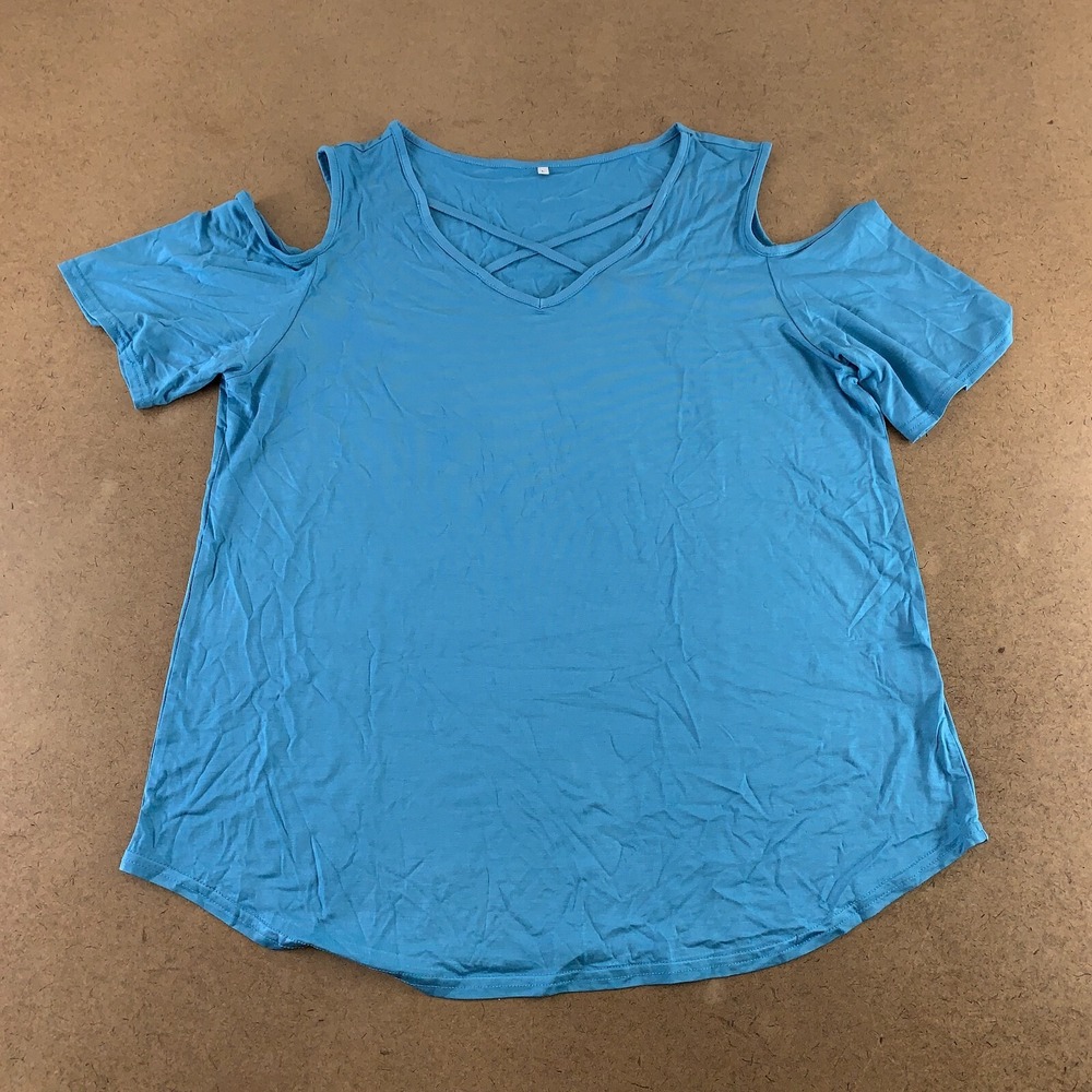 Amoretu Women's Size Large Ink Blue V Neck Short Cold Shoulder T-Shirt New